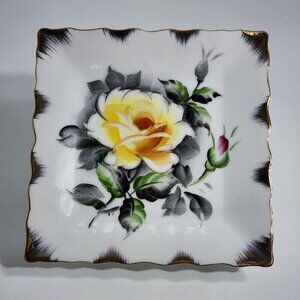 Lefton China Hand Painted Square Dish With Yellow Rose Design Gold Trim Vintage